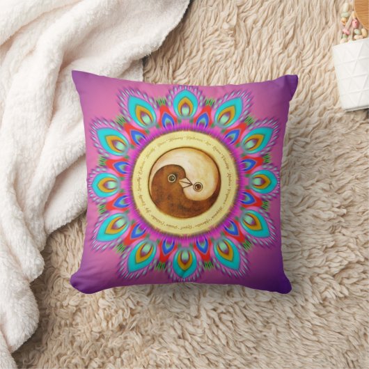 サイケデリックな曼荼羅を持つ平和及び調和の鳩 クッション (ブランケット)