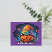サイケデリックな色の誕生日帽子をかぶった不気味なジャック・オ・ランタン ポストカード (スタンド正面)