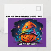 サイケデリックな色の誕生日帽子をかぶった不気味なジャック・オ・ランタン ポストカード (正面/裏面)