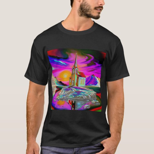 サイケデリックな風景の中の教会 1 Tシャツ (正面)