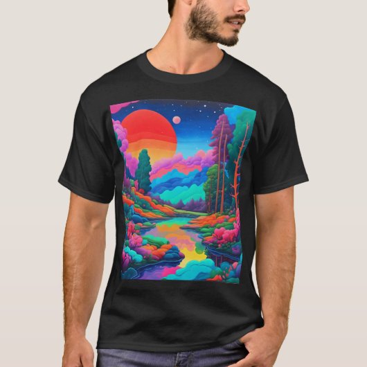 サイケデリックな風景 ピンク 緑のアート Tシャツ (正面)