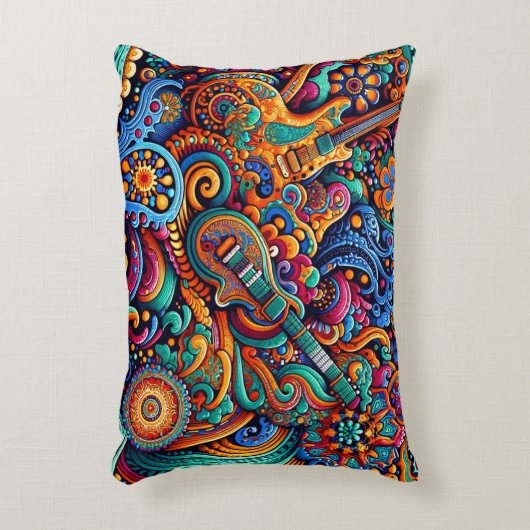 サイケデリックろうけつ染めギターアートカラフルレトロ音楽 アクセントクッション (正面(垂直))