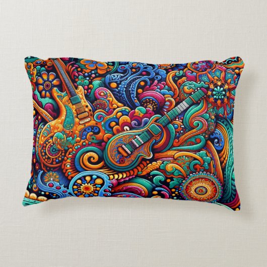 サイケデリックろうけつ染めギターアートカラフルレトロ音楽 アクセントクッション (裏面)