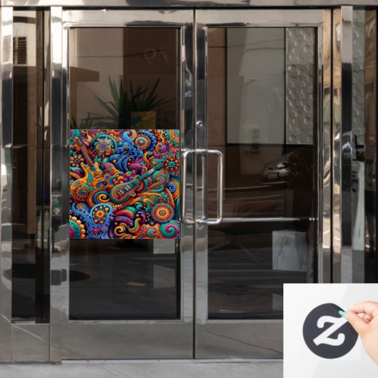 サイケデリックろうけつ染めギターアートカラフルレトロ音楽 ウィンドウサイン (オフィスドア)