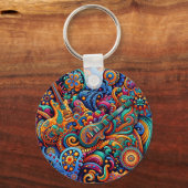 サイケデリックろうけつ染めギターアートカラフルレトロ音楽 キーホルダー (正面)