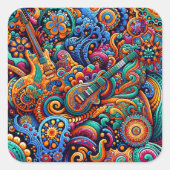 サイケデリックろうけつ染めギターアートカラフルレトロ音楽 スクエアシール (正面)