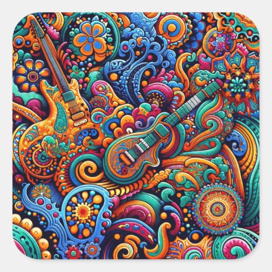 サイケデリックろうけつ染めギターアートカラフルレトロ音楽 スクエアシール (正面)