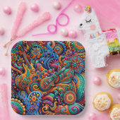 サイケデリックろうけつ染めギターアートカラフルレトロ音楽 ペーパープレート (パーティー)