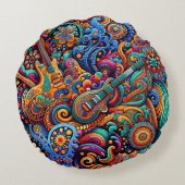 サイケデリックろうけつ染めギターアートカラフルレトロ音楽 ラウンドクッション (裏面)