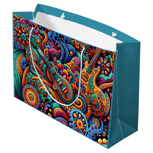 サイケデリックろうけつ染めギターアートカラフルレトロ音楽 ラージペーパーバッグ (裏面アングル)