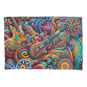 サイケデリックろうけつ染めギターアートカラフルレトロ音楽 枕カバー