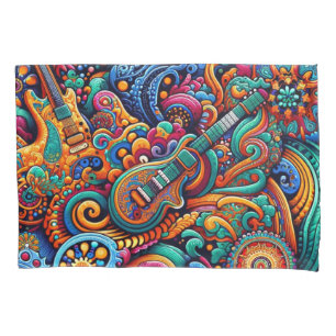 サイケデリックろうけつ染めギターアートカラフルレトロ音楽 枕カバー