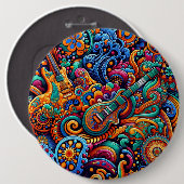 サイケデリックろうけつ染めギターアートカラフルレトロ音楽 缶バッジ (正面&裏面)