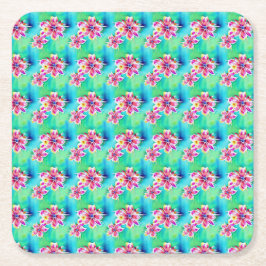 サイケデリックアールヌーボーフローラの水彩模様 スクエアペーパーコースター