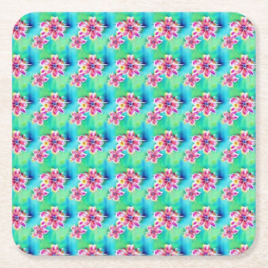 サイケデリックアールヌーボーフローラの水彩模様 スクエアペーパーコースター (正面)