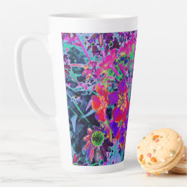 サイケデリックカラフルな赤と紫の花 カフェラテマグ