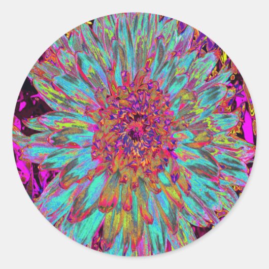 サイケデリックティール(緑がかった色)ブルー抽象芸術装飾ダリア ラウンドシール (正面)
