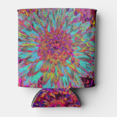 サイケデリックティール(緑がかった色)ブルー抽象芸術装飾ダリア 缶クーラー (正面)