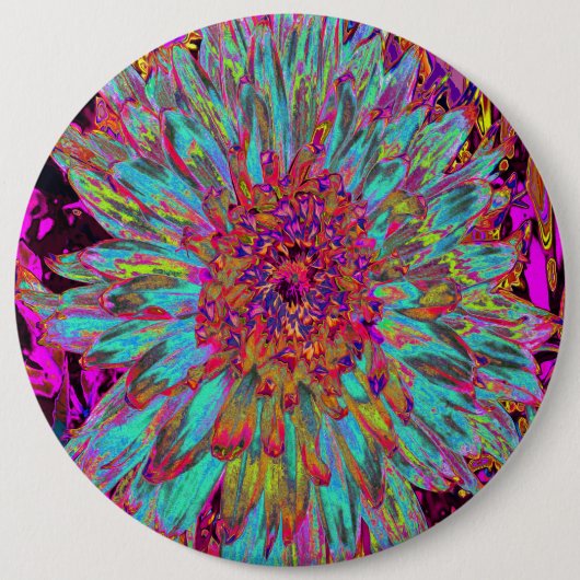 サイケデリックティール（緑がかった色）ブルー抽象芸術装飾ダリア 缶バッジ (正面)