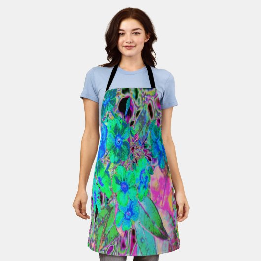 サイケデリックトリップ（幻覚体験）のような緑青の花 エプロン (着用した状態)