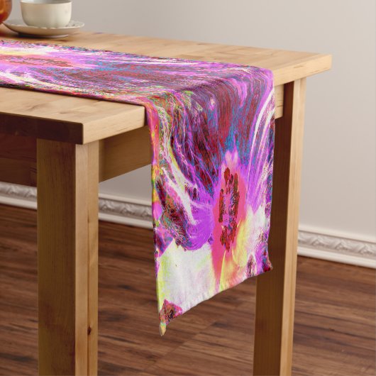 サイケデリックトリップ（幻覚体験）のような虹色ハイビスカス ショートテーブルランナー (インサイチュ)