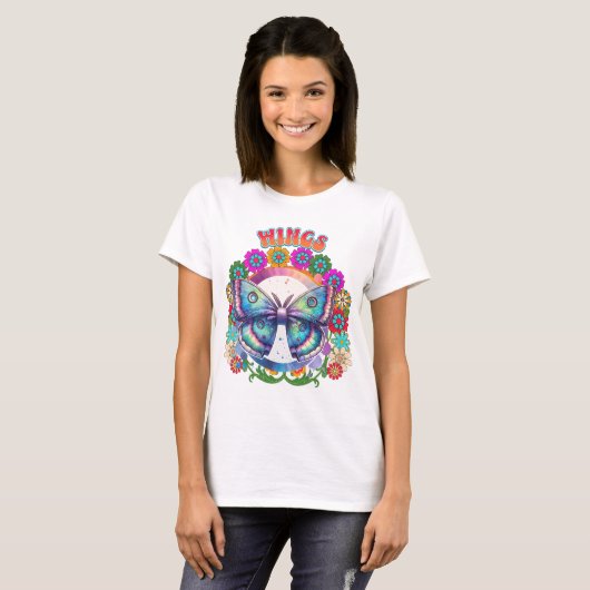 サイケデリックバタフライ フラワー フレーム ウイングス Tシャツ (正面フル)