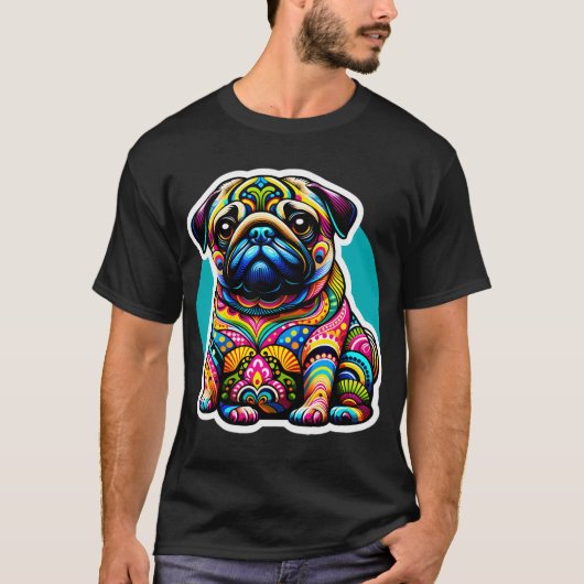 サイケデリックパグの輝き: 犬の鮮やかなタペストリー Tシャツ (正面)