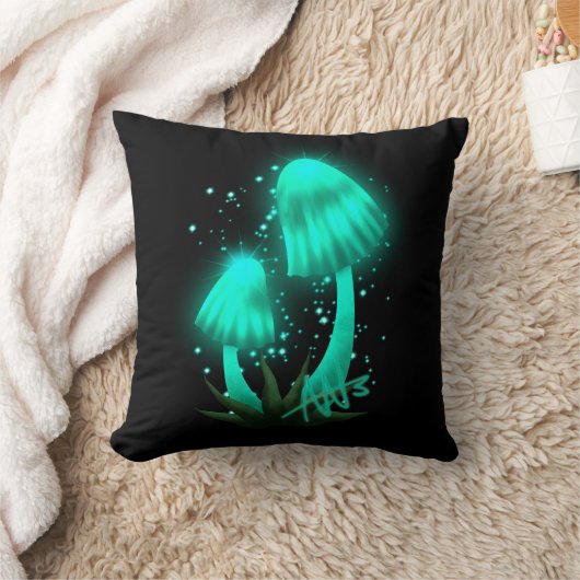 サイケデリックピクシーのキャップ白熱［赤熱］光を放つシアンキノコ クッション (ブランケット)