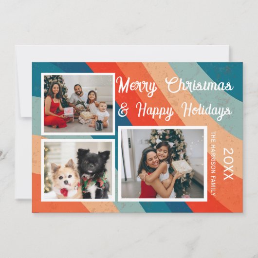 サイケデリックレトロ波3枚の写真クリスマス シーズンカード (正面)