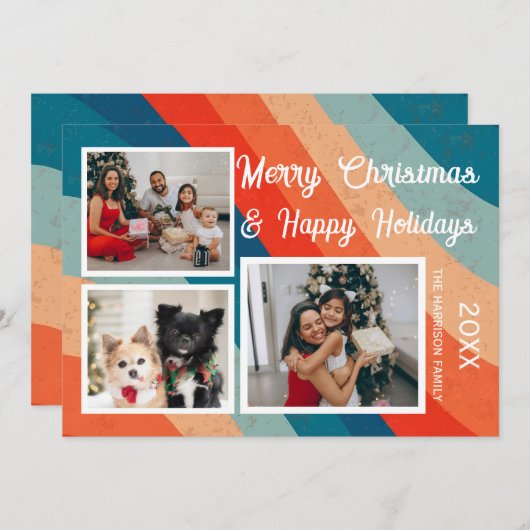 サイケデリックレトロ波3枚の写真クリスマス シーズンカード (正面/裏面)
