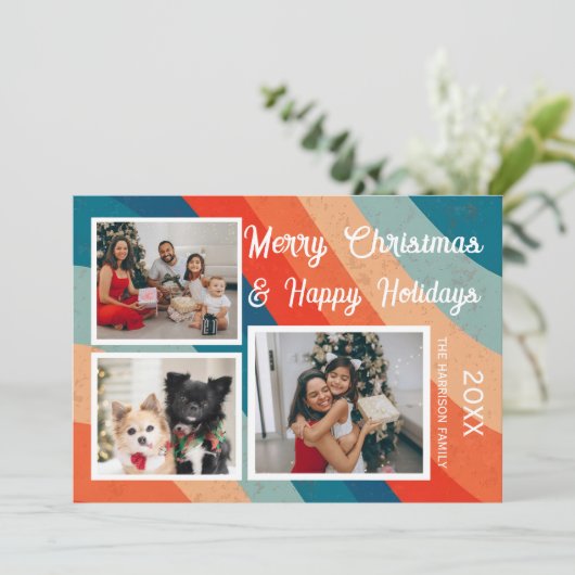 サイケデリックレトロ波3枚の写真クリスマス シーズンカード (スタンド正面)