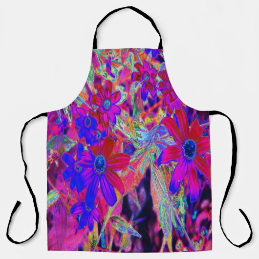 サイケデリックレトロ深紅とマゼンタの野花 エプロン (正面)