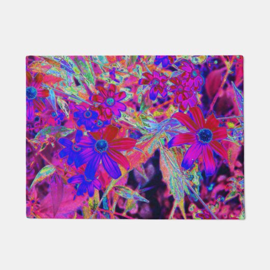 サイケデリックレトロ深紅とマゼンタの野花 ドアマット (正面)