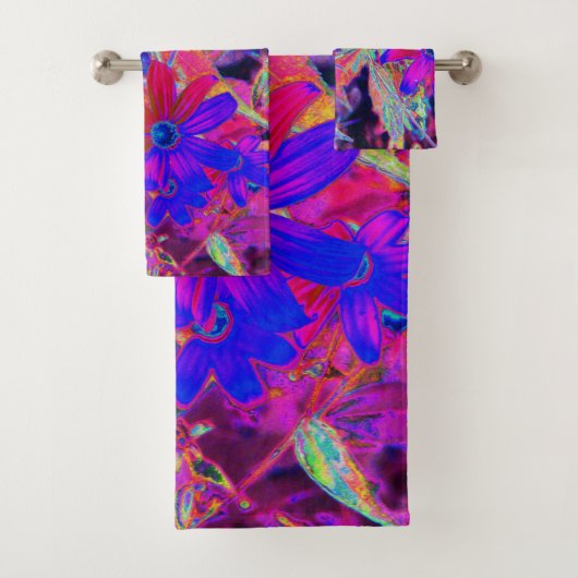 サイケデリックレトロ深紅とマゼンタの野花 バスタオルセット (インサイチュ)