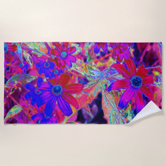 サイケデリックレトロ深紅とマゼンタの野花 ビーチタオル (正面)