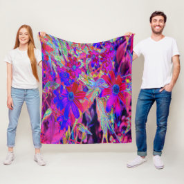 サイケデリックレトロ深紅とマゼンタの野花 フリースブランケット