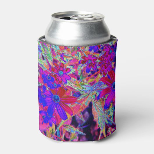 サイケデリックレトロ深紅とマゼンタの野花 缶クーラー (缶正面)