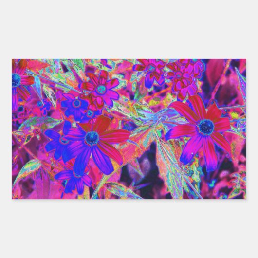 サイケデリックレトロ深紅とマゼンタの野花 長方形シール (正面)