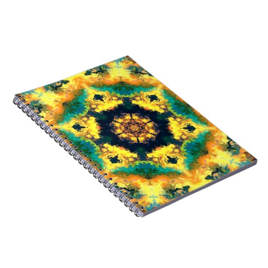 サイケデリック万華鏡のように千変万化するパターンイエローブルーとグリーン ノートブック (右側)