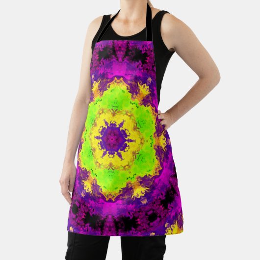 サイケデリック万華鏡のように千変万化するパターングリーンイエローとパープル エプロン (インサイチュ)