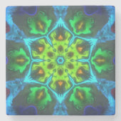 サイケデリック万華鏡のように千変万化するパターングリーンブルーとオレンジ ストーンコースター (正面)