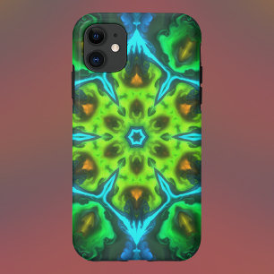 サイケデリック万華鏡のように千変万化するパターングリーンブルーとオレンジ iPhone 11 ケース