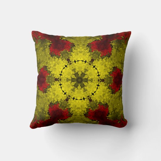 サイケデリック万華鏡のように千変万化するパターン花赤と黄 クッション (裏面)