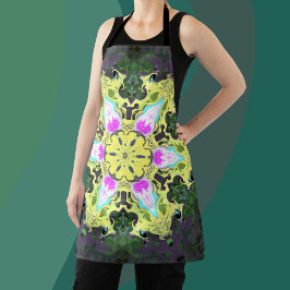 サイケデリック万華鏡のように千変万化するパターン花黄とピンク エプロン