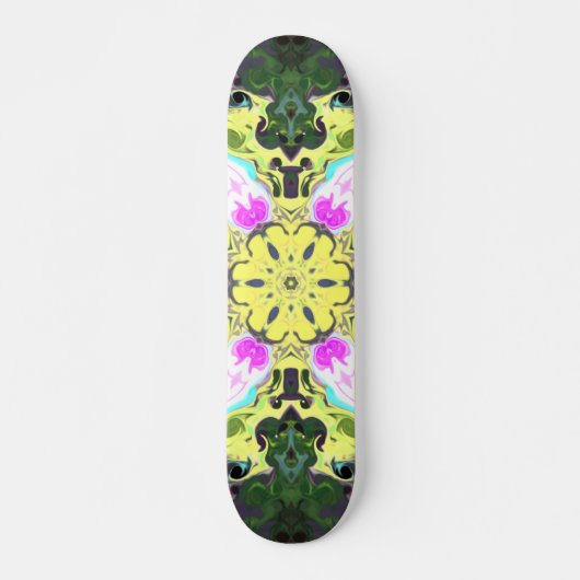 サイケデリック万華鏡のように千変万化するパターン花黄とピンク スケートボード (正面)