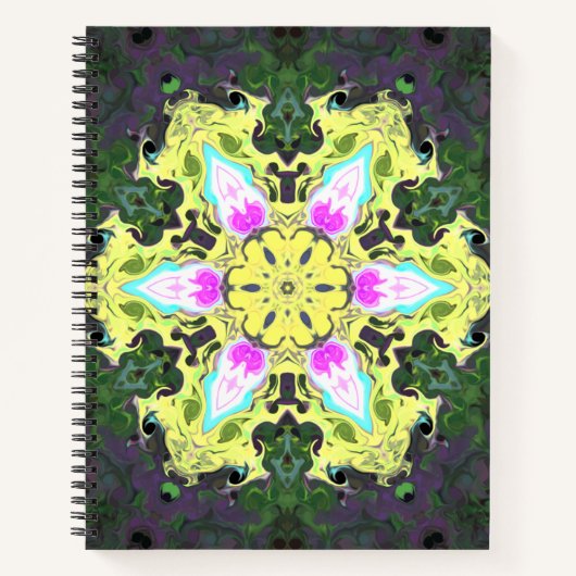 サイケデリック万華鏡のように千変万化するパターン花黄とピンク ノートブック (正面)