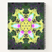 サイケデリック万華鏡のように千変万化するパターン花黄とピンク ノートブック (裏面)