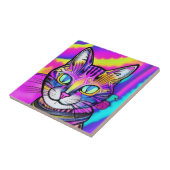 サイケデリック猫カラフル紫明るい赤紫色 タイル (側面)