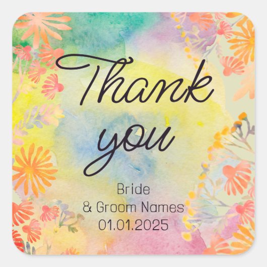 サイケデリック・ウォーターカラー・ワイルドフラワー スクエアシール (正面)