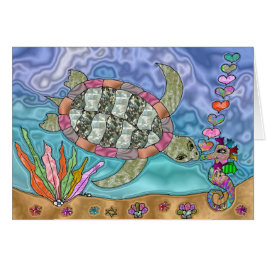 サイケデリック　ウミガメ　タツノオトシゴ　アート　グリーティングカード